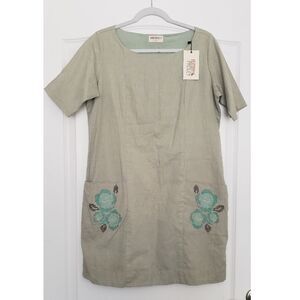 Bombay Paisley Linen Blend Embroidered Pocket Short Sleeve Dress Sz L Trad‎ Wife